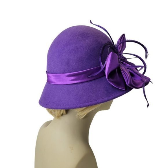 Purple Wool Hat Purple Satin Bows Feathers Cloche Bucket Dress Hat Church Hat main image 8